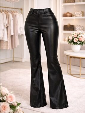 High-Rise Black Faux Leather Flared Pants